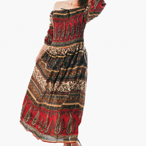 Colorful peasant maxi dress short sleeve off shoulder boho summer floral tie dye - Picture 5 of 5